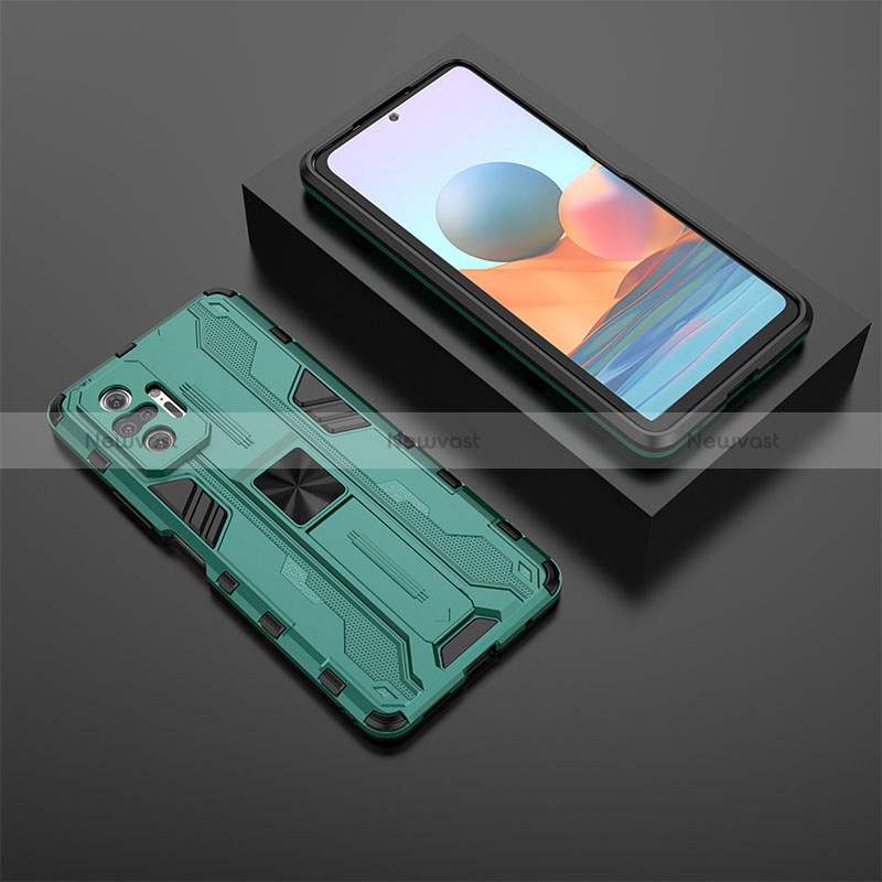 Silicone Matte Finish and Plastic Back Cover Case with Magnetic Stand KC1 for Xiaomi Redmi Note 10 Pro Max Green