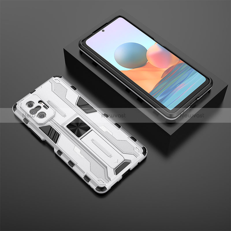 Silicone Matte Finish and Plastic Back Cover Case with Magnetic Stand KC1 for Xiaomi Redmi Note 10 Pro Max Silver