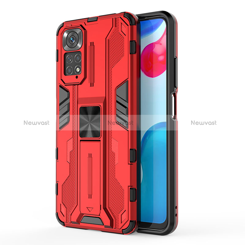 Silicone Matte Finish and Plastic Back Cover Case with Magnetic Stand KC1 for Xiaomi Redmi Note 11 4G (2022) Red