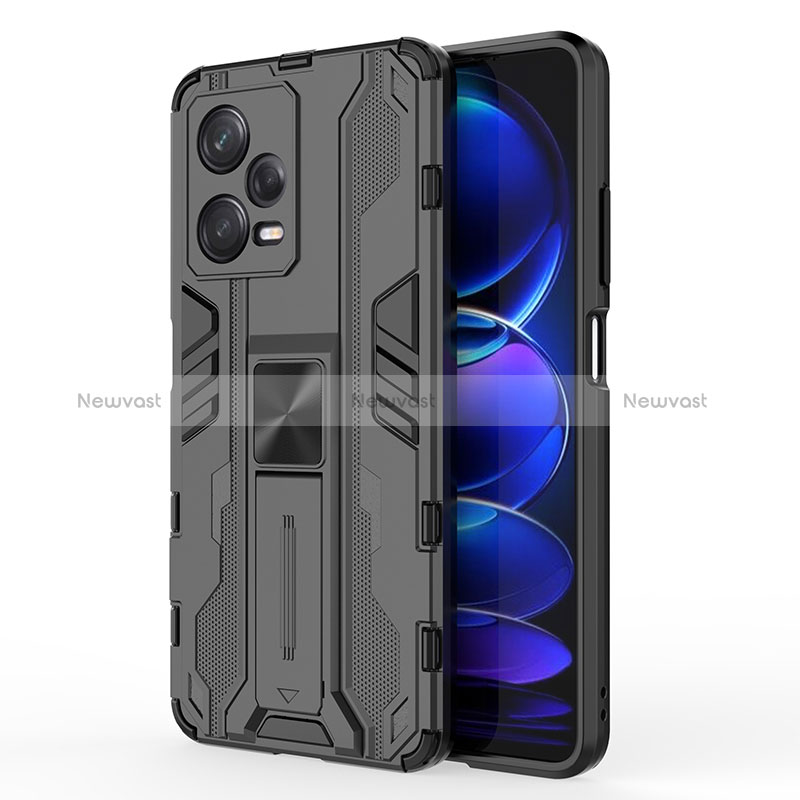 Silicone Matte Finish and Plastic Back Cover Case with Magnetic Stand KC1 for Xiaomi Redmi Note 12 Pro 5G Black