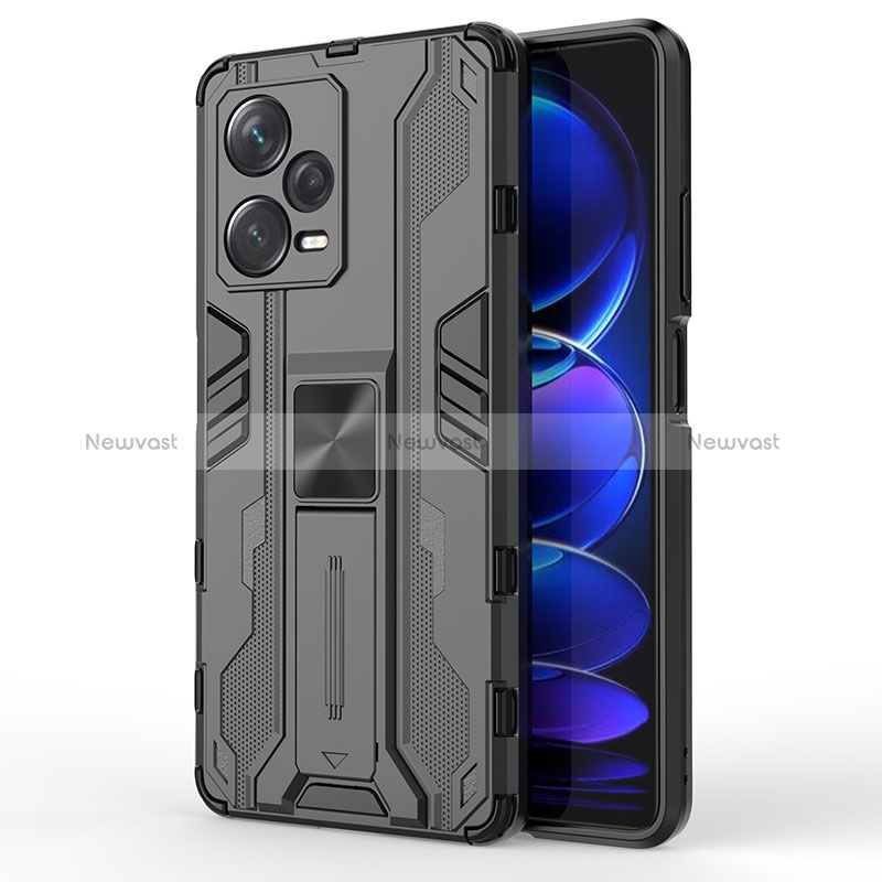 Silicone Matte Finish and Plastic Back Cover Case with Magnetic Stand KC1 for Xiaomi Redmi Note 12 Pro+ Plus 5G Black