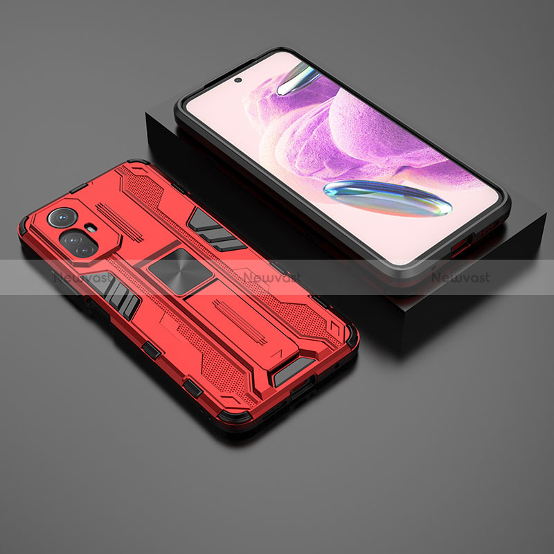 Silicone Matte Finish and Plastic Back Cover Case with Magnetic Stand KC1 for Xiaomi Redmi Note 12S Red