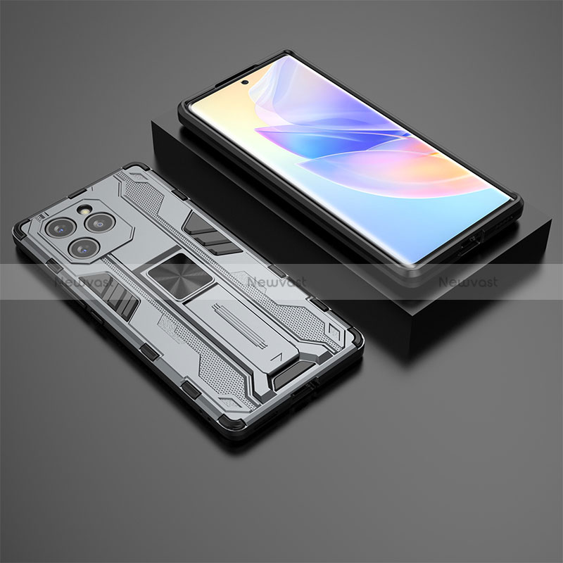 Silicone Matte Finish and Plastic Back Cover Case with Magnetic Stand KC2 for Huawei Honor 60 SE 5G Gray