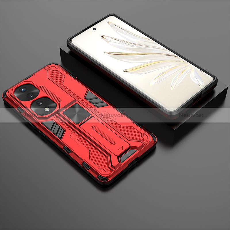 Silicone Matte Finish and Plastic Back Cover Case with Magnetic Stand KC2 for Huawei Honor 70 Pro 5G Red