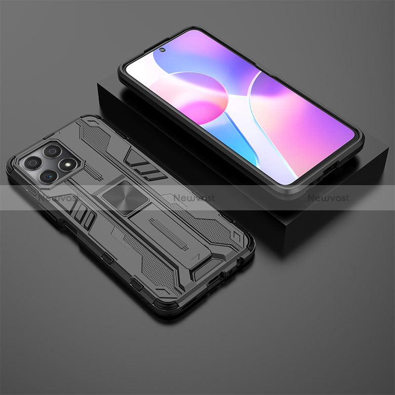 Silicone Matte Finish and Plastic Back Cover Case with Magnetic Stand KC2 for Huawei Honor X30i Black