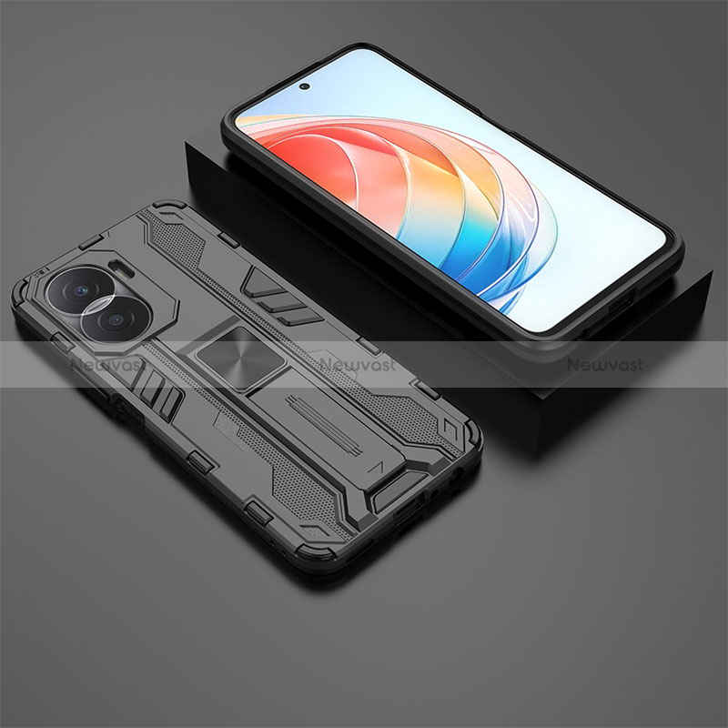 Silicone Matte Finish and Plastic Back Cover Case with Magnetic Stand KC2 for Huawei Honor X40i 5G Black