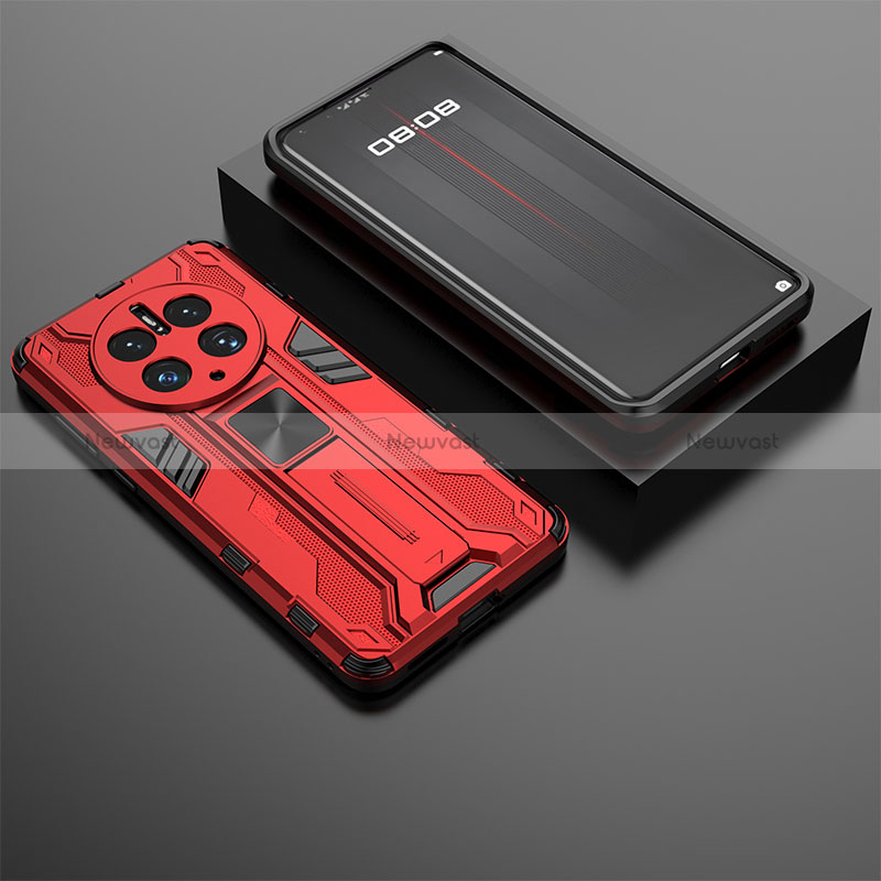 Silicone Matte Finish and Plastic Back Cover Case with Magnetic Stand KC2 for Huawei Mate 50 Pro Red