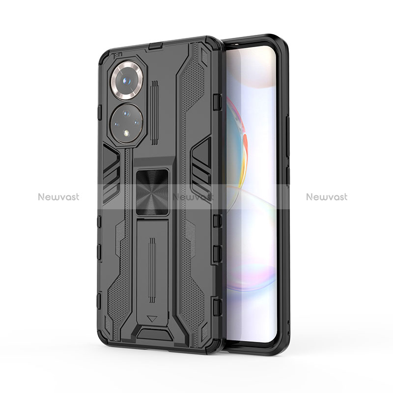 Silicone Matte Finish and Plastic Back Cover Case with Magnetic Stand KC2 for Huawei Nova 9 Black