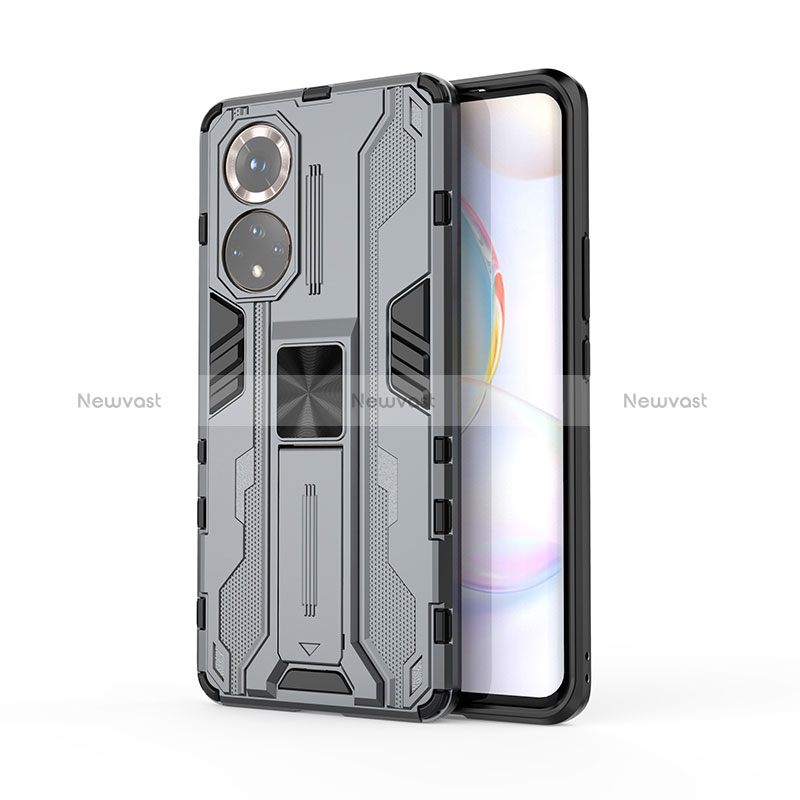 Silicone Matte Finish and Plastic Back Cover Case with Magnetic Stand KC2 for Huawei Nova 9 Gray