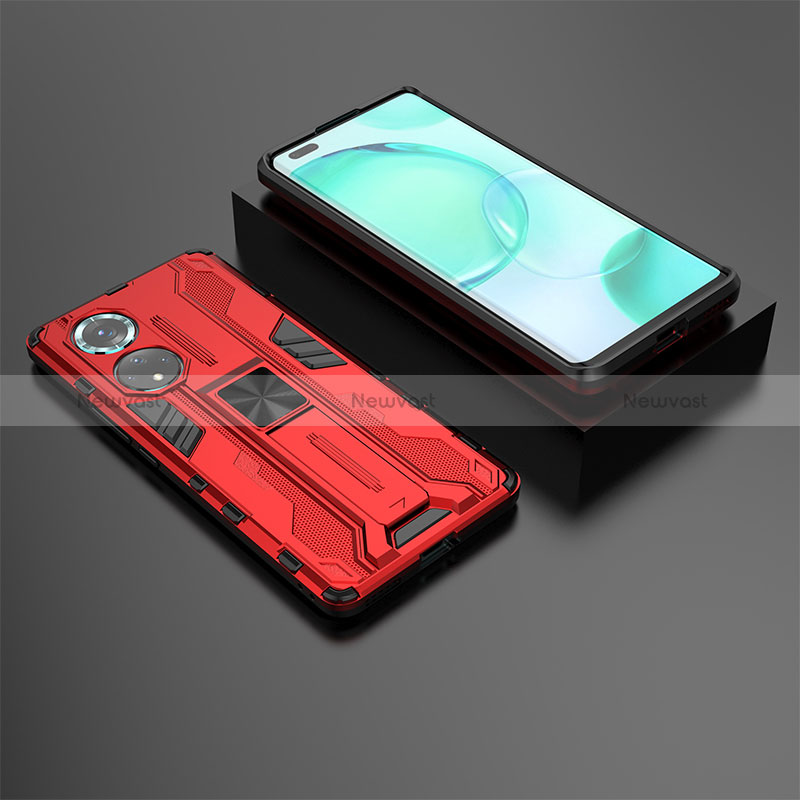 Silicone Matte Finish and Plastic Back Cover Case with Magnetic Stand KC2 for Huawei Nova 9 Pro Red