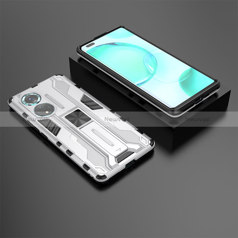 Silicone Matte Finish and Plastic Back Cover Case with Magnetic Stand KC2 for Huawei Nova 9 Pro White