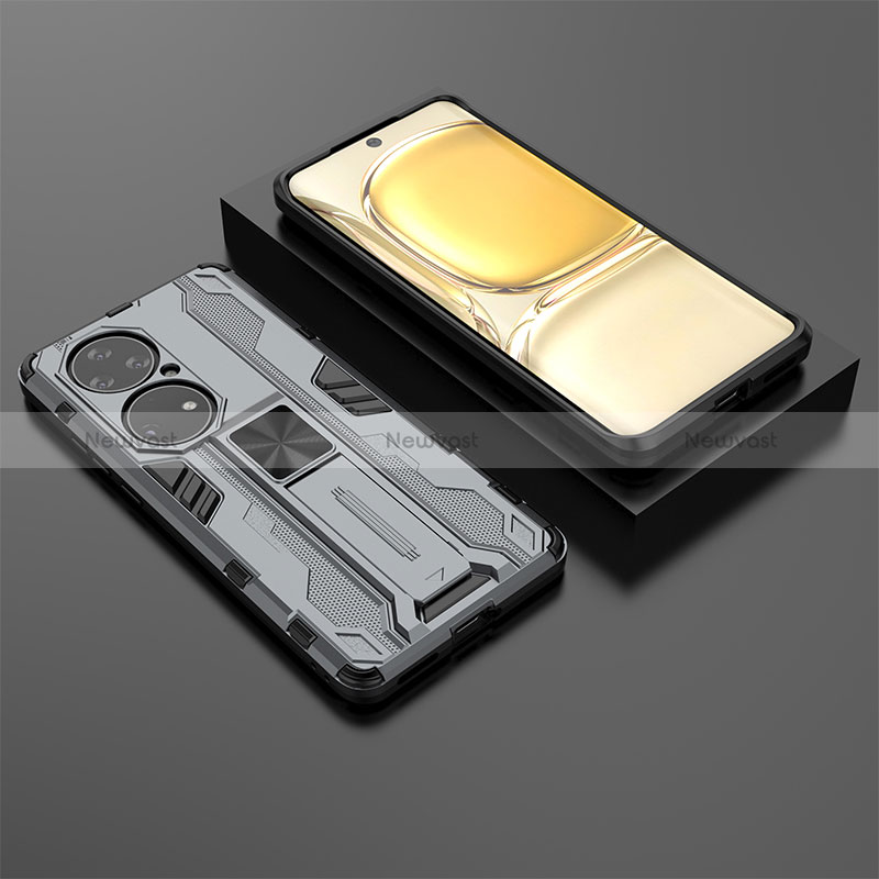 Silicone Matte Finish and Plastic Back Cover Case with Magnetic Stand KC2 for Huawei P50e Gray