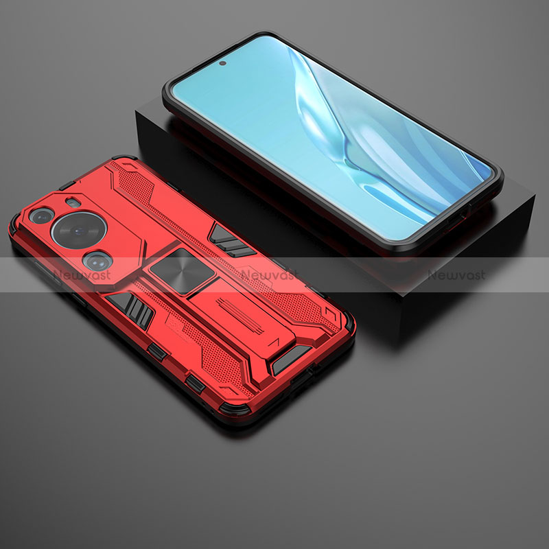 Silicone Matte Finish and Plastic Back Cover Case with Magnetic Stand KC2 for Huawei P60 Art Red