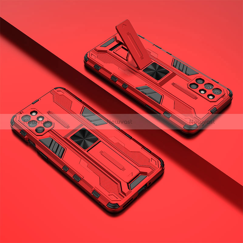 Silicone Matte Finish and Plastic Back Cover Case with Magnetic Stand KC2 for OnePlus 9R 5G Red