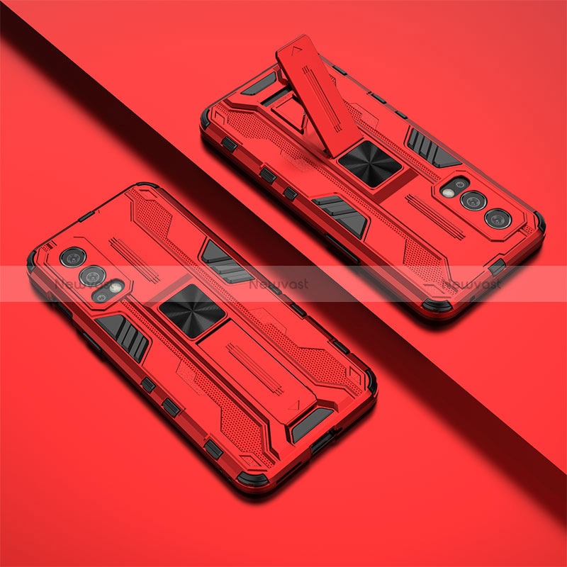 Silicone Matte Finish and Plastic Back Cover Case with Magnetic Stand KC2 for OnePlus Nord 2 5G Red