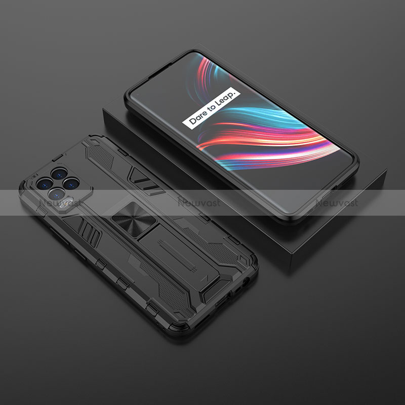 Silicone Matte Finish and Plastic Back Cover Case with Magnetic Stand KC2 for Realme 8 Pro Black