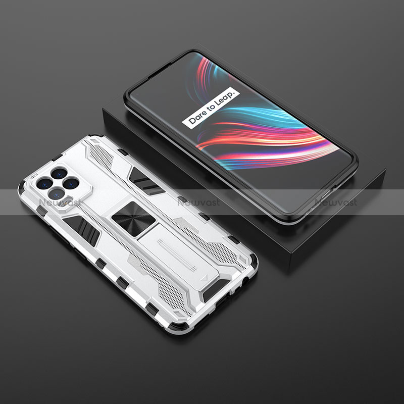 Silicone Matte Finish and Plastic Back Cover Case with Magnetic Stand KC2 for Realme 8 Pro White