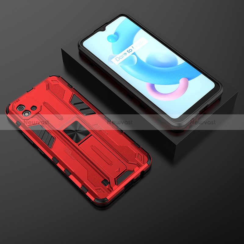 Silicone Matte Finish and Plastic Back Cover Case with Magnetic Stand KC2 for Realme C11 (2021) Red