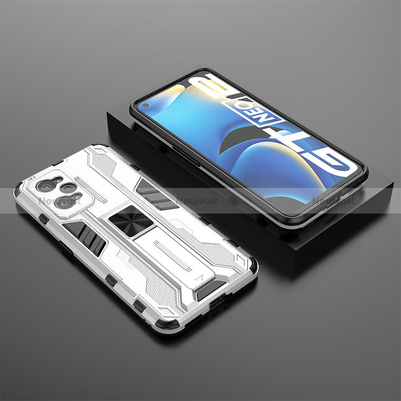 Silicone Matte Finish and Plastic Back Cover Case with Magnetic Stand KC2 for Realme GT Neo 3T 5G White