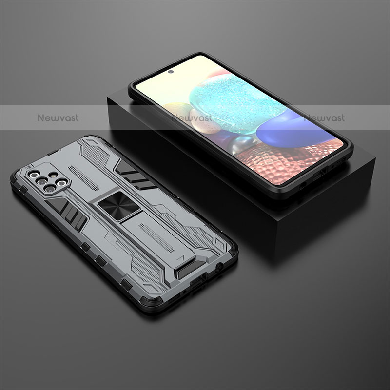 Silicone Matte Finish and Plastic Back Cover Case with Magnetic Stand KC2 for Samsung Galaxy A71 4G A715 Gray