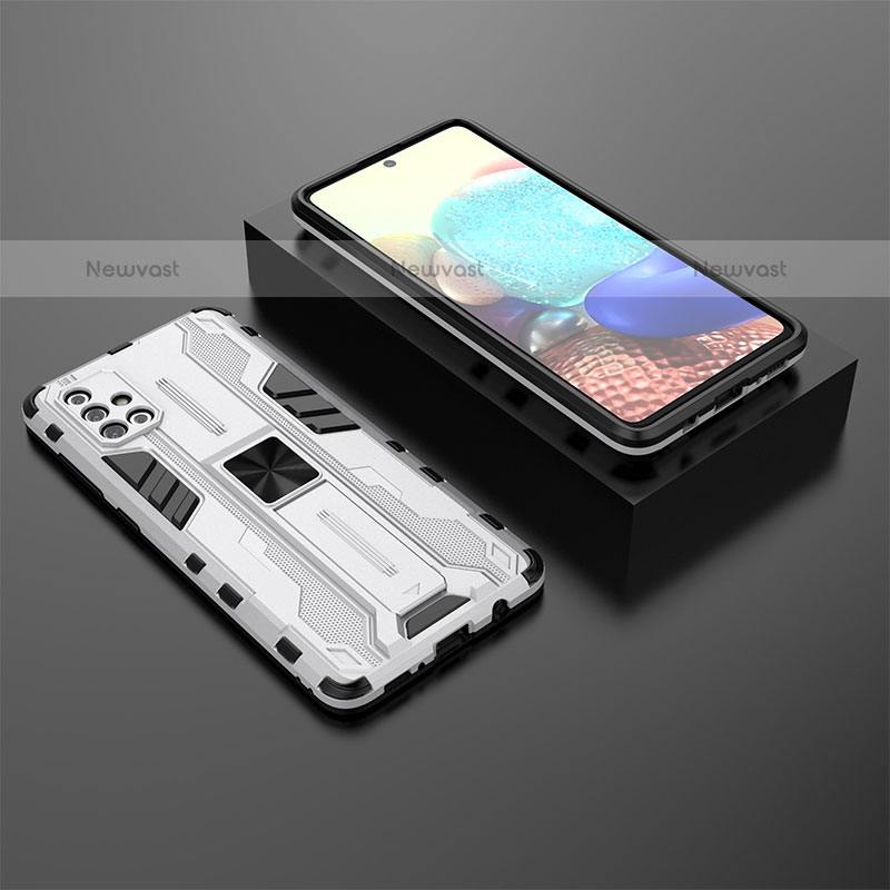 Silicone Matte Finish and Plastic Back Cover Case with Magnetic Stand KC2 for Samsung Galaxy A71 4G A715 White