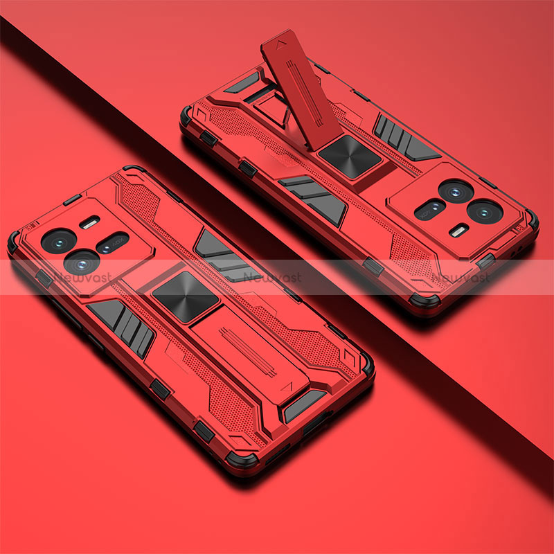 Silicone Matte Finish and Plastic Back Cover Case with Magnetic Stand KC2 for Vivo iQOO 10 Pro 5G Red