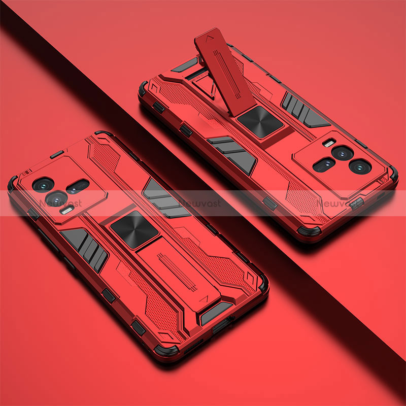 Silicone Matte Finish and Plastic Back Cover Case with Magnetic Stand KC2 for Vivo iQOO 9T 5G Red