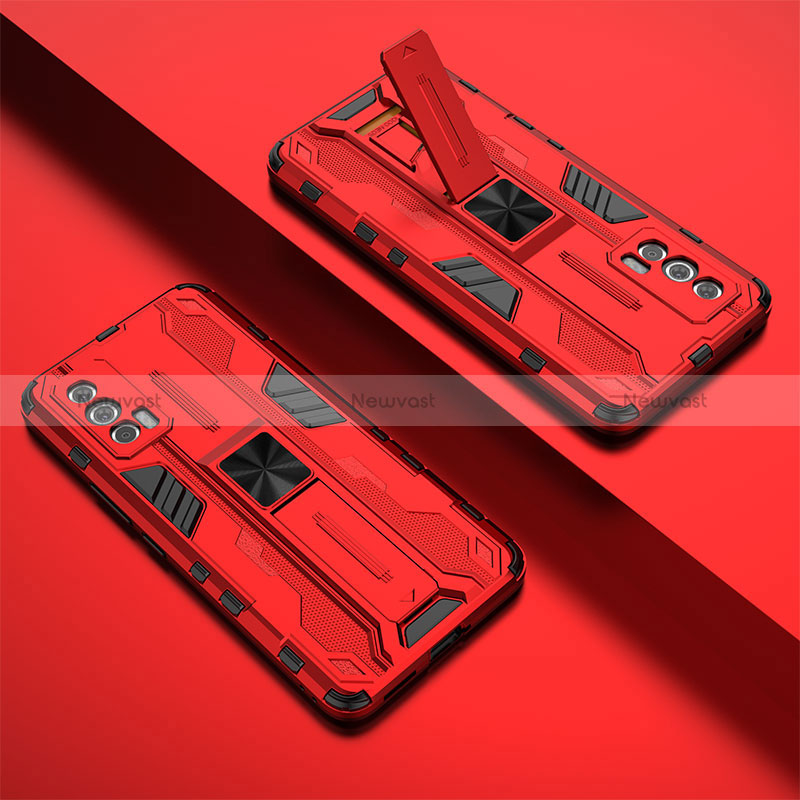 Silicone Matte Finish and Plastic Back Cover Case with Magnetic Stand KC2 for Vivo iQOO Neo5 5G Red