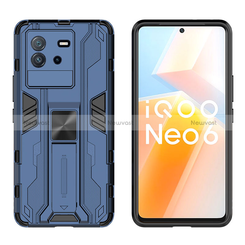 Silicone Matte Finish and Plastic Back Cover Case with Magnetic Stand KC2 for Vivo iQOO Neo6 SE 5G Blue