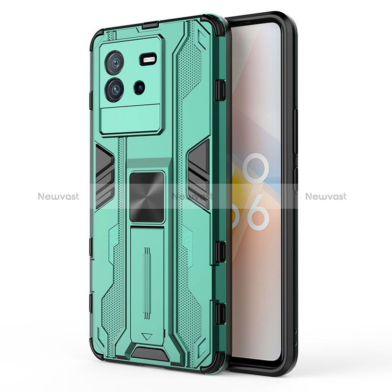 Silicone Matte Finish and Plastic Back Cover Case with Magnetic Stand KC2 for Vivo iQOO Neo6 SE 5G Green