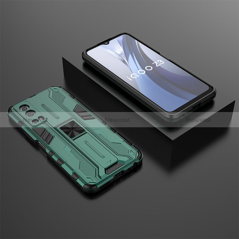 Silicone Matte Finish and Plastic Back Cover Case with Magnetic Stand KC2 for Vivo iQOO Z3 5G Green