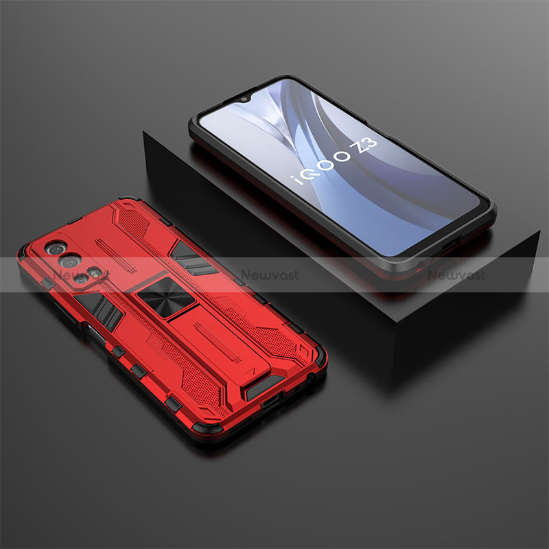 Silicone Matte Finish and Plastic Back Cover Case with Magnetic Stand KC2 for Vivo iQOO Z3 5G Red