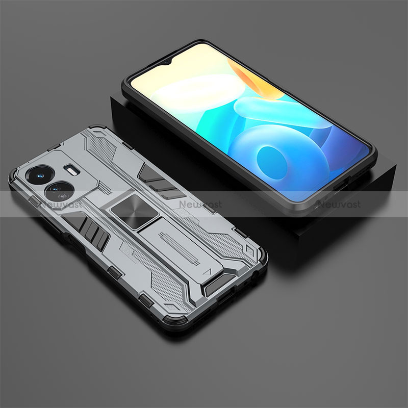 Silicone Matte Finish and Plastic Back Cover Case with Magnetic Stand KC2 for Vivo iQOO Z6 Lite 5G