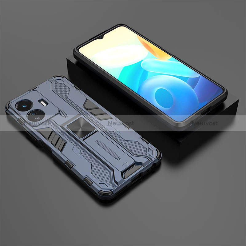 Silicone Matte Finish and Plastic Back Cover Case with Magnetic Stand KC2 for Vivo iQOO Z6 Lite 5G Blue