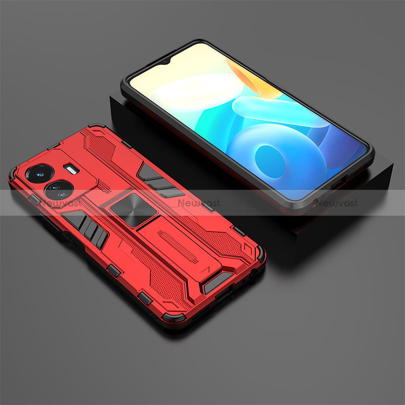 Silicone Matte Finish and Plastic Back Cover Case with Magnetic Stand KC2 for Vivo iQOO Z6 Lite 5G Red