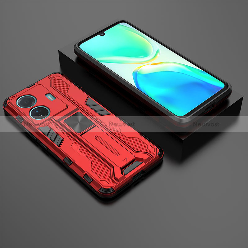 Silicone Matte Finish and Plastic Back Cover Case with Magnetic Stand KC2 for Vivo iQOO Z6 Pro 5G Red