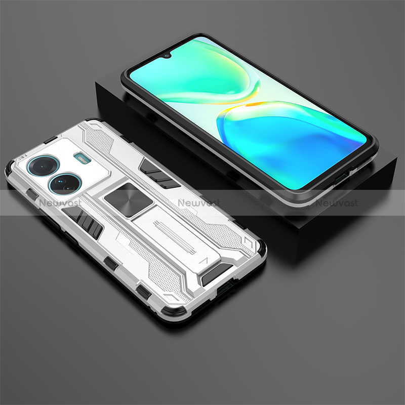 Silicone Matte Finish and Plastic Back Cover Case with Magnetic Stand KC2 for Vivo iQOO Z6 Pro 5G White