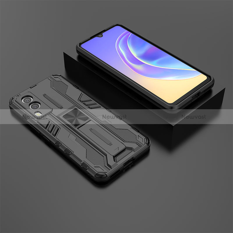 Silicone Matte Finish and Plastic Back Cover Case with Magnetic Stand KC2 for Vivo V21e 5G Black