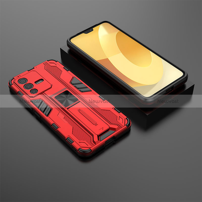 Silicone Matte Finish and Plastic Back Cover Case with Magnetic Stand KC2 for Vivo V23 5G Red