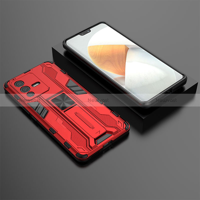 Silicone Matte Finish and Plastic Back Cover Case with Magnetic Stand KC2 for Vivo V23 Pro 5G Red