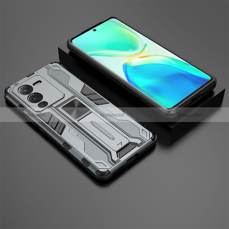 Silicone Matte Finish and Plastic Back Cover Case with Magnetic Stand KC2 for Vivo V25 Pro 5G