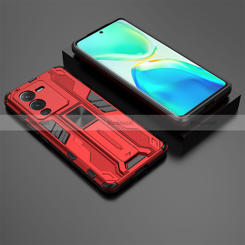 Silicone Matte Finish and Plastic Back Cover Case with Magnetic Stand KC2 for Vivo V25 Pro 5G