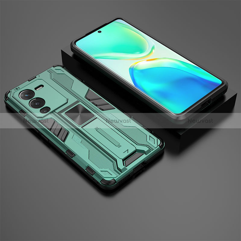 Silicone Matte Finish and Plastic Back Cover Case with Magnetic Stand KC2 for Vivo V25 Pro 5G Green