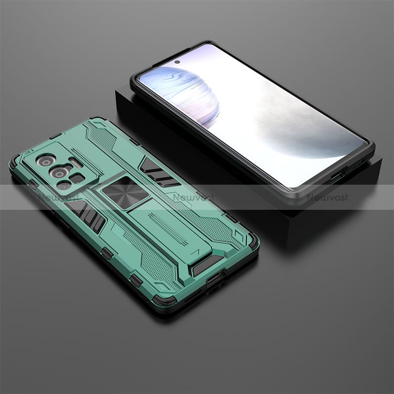 Silicone Matte Finish and Plastic Back Cover Case with Magnetic Stand KC2 for Vivo X70 Pro 5G Green