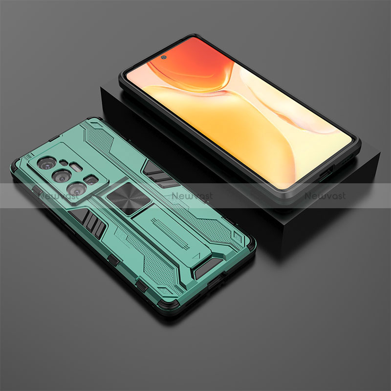 Silicone Matte Finish and Plastic Back Cover Case with Magnetic Stand KC2 for Vivo X70 Pro+ Plus 5G Green