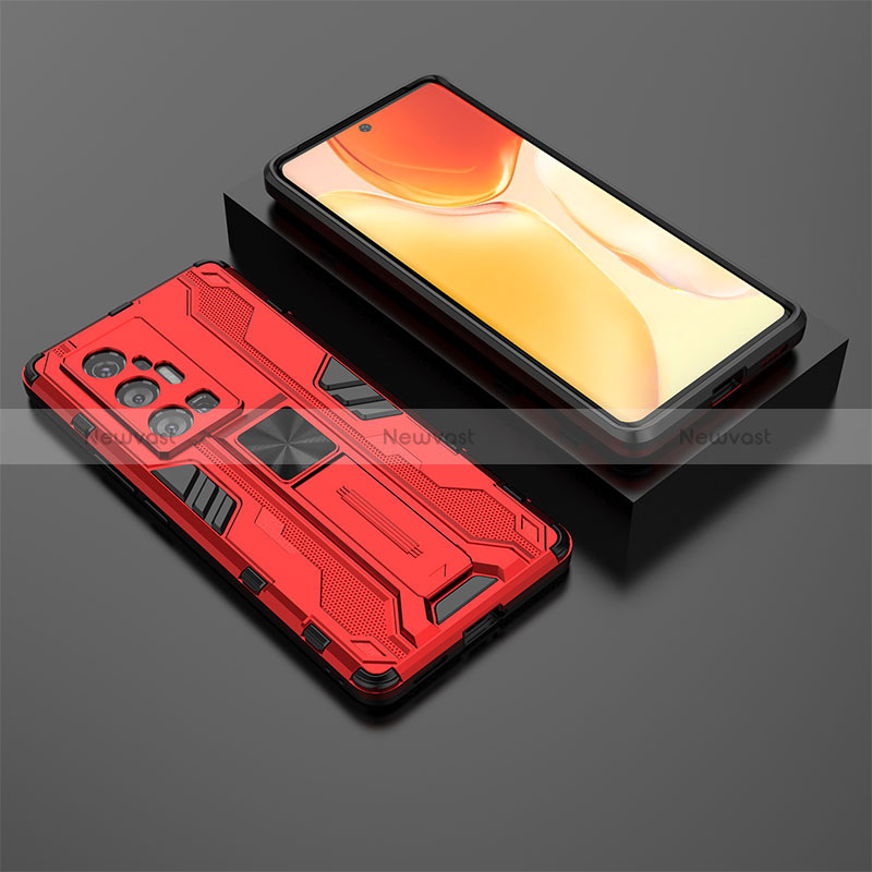 Silicone Matte Finish and Plastic Back Cover Case with Magnetic Stand KC2 for Vivo X70 Pro+ Plus 5G Red