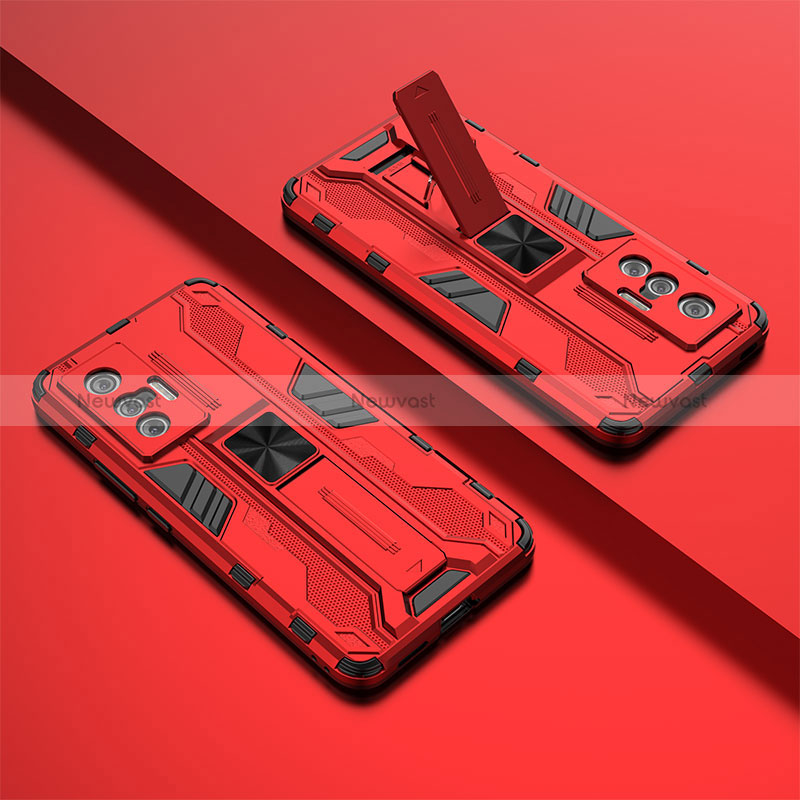 Silicone Matte Finish and Plastic Back Cover Case with Magnetic Stand KC2 for Vivo X70t Red