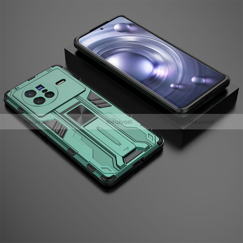 Silicone Matte Finish and Plastic Back Cover Case with Magnetic Stand KC2 for Vivo X80 5G Green