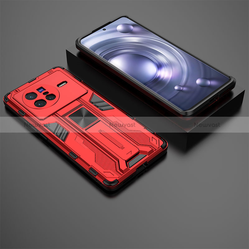 Silicone Matte Finish and Plastic Back Cover Case with Magnetic Stand KC2 for Vivo X80 5G Red