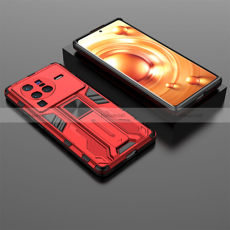 Silicone Matte Finish and Plastic Back Cover Case with Magnetic Stand KC2 for Vivo X80 Pro 5G Red